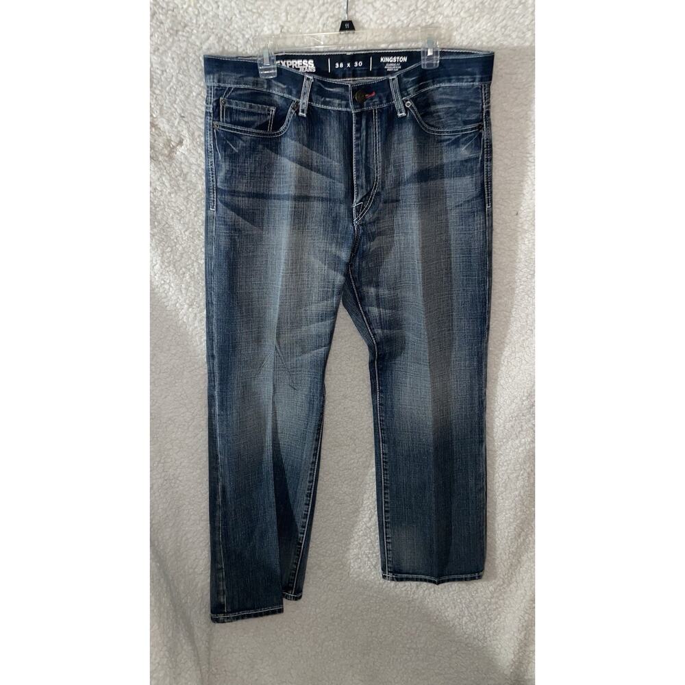 Y2K EXPRESS Men 38x30 Kingston Classic Fit Straight Leg Distressed Cotton Blue